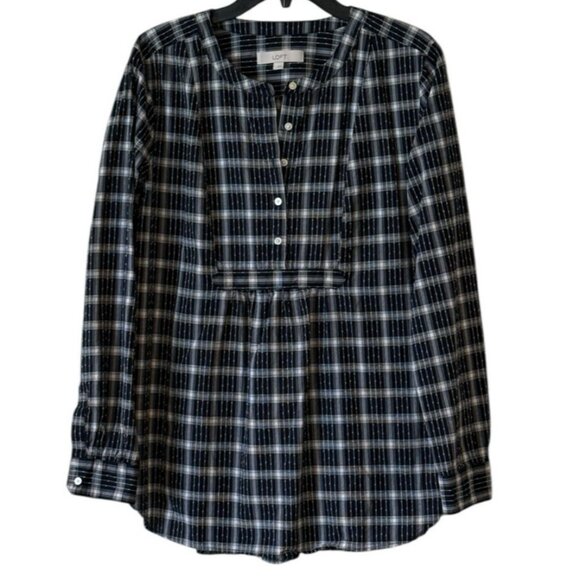 LOFT Navy and White Plaid Long Sleeve Textured Henley Blouse Size Medium - Picture 6 of 6